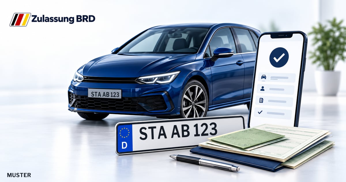 Online Fahrzeugzulassung in Landkreis Starnberg: Musterkennzeichen STA AB 123, Auto und Fahrzeugpapiere und Smartphone. Illustration mit Logo von Zulassung BRD.